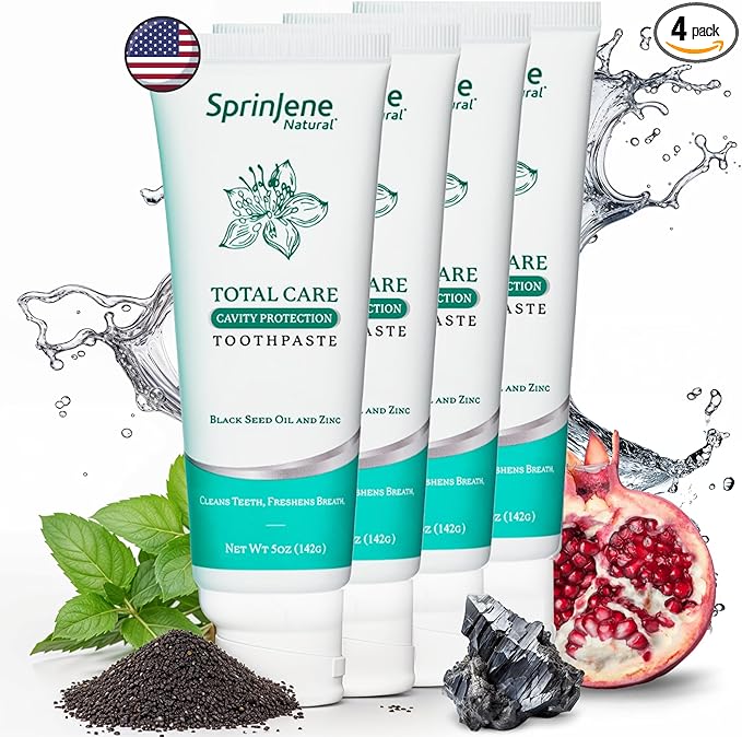 SprinJene Natural Total Care Toothpaste – Fluoride Toothpaste for Cavity Protection & Gum Health – Natural Formula with Patented Black Seed Oil & Zinc – Made in The USA (4 Pack)