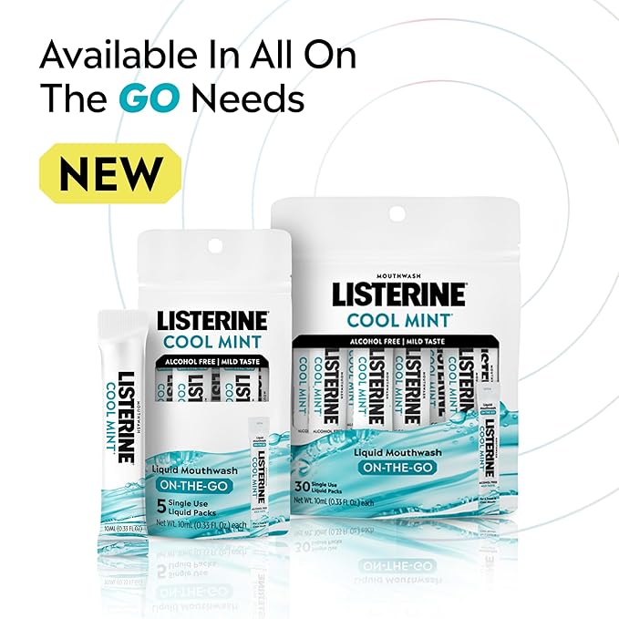Listerine On-The-Go Cool Mint Alcohol Free Mouthwash Packets, Oral Rinse in Individual Packets Kills Bad Breath Germs, Less Intense Taste, Cool Mint Flavor, Mini Travel Size, 0.33 fl oz. Pack of 5