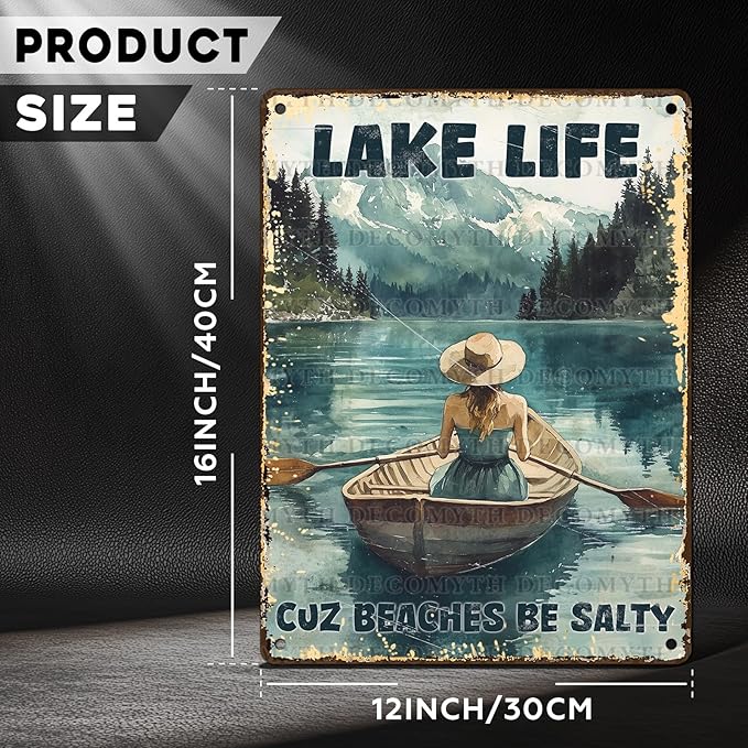 Vintage Lakehouse Tin Sign Lake Life Cuz Beaches Be Salty Retro Wall Decor Nostalgic Art Funny Metal Poster Indoor Store Cafe Toilet Kitchen Garden Plaque Bar Pubs Man cave 12 * 16inch-StrideForce Fitness