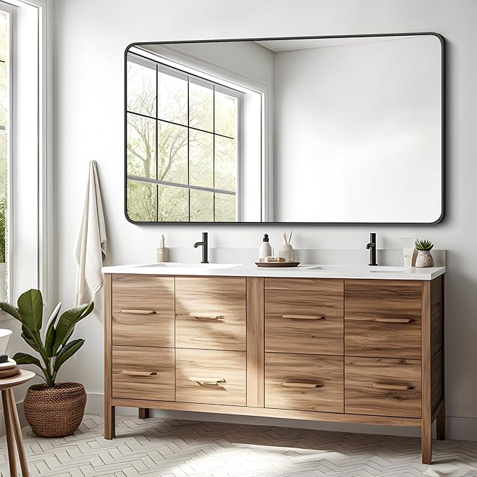 30 x 50 Inch Bathroom Mirror, Matte Black Wall Mirror with Metal Frame, Decorative Rectangular Vanity Mirror for Bedroom Bathroom Living Room Entryway (Horizontal/Vertical)-StrideForce Fitness