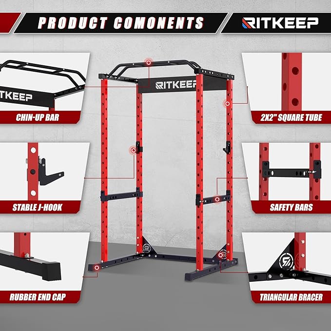 RitKeep Power Rack RMAX 2250 Multi-Function Power Cage for Strength Training - 1200lb Capacity Squat Rack with Multi-Grip Pull-Up Bar, Safety Bars, and J-Hook for Home Gym-StrideForce Fitness