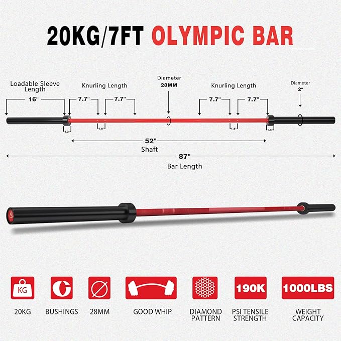 7ft Olympic Barbell for Strength Training and Olympic Weightlifting, 500 700 1000LBS Capacity Available, 2 Inch Bar for Squats, Home Gym Fitness Equipment, Bench Press, Deadlift,Powerlifting-StrideForce Fitness