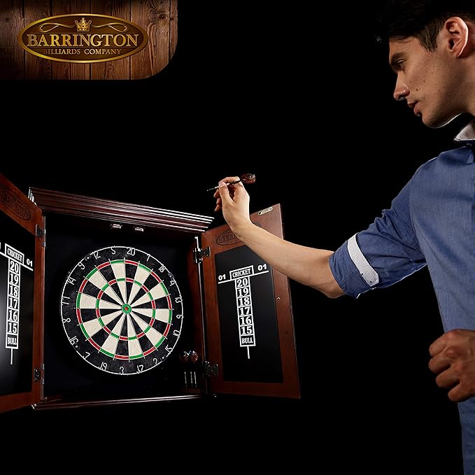 Barrington Dartboard Multiple Styles Pre-Assembled Wood Dartboard Cabinet Collection with 18” Bristle Dartboard & Steel Tip Dart Set, Perfect for Cricket Games-StrideForce Fitness