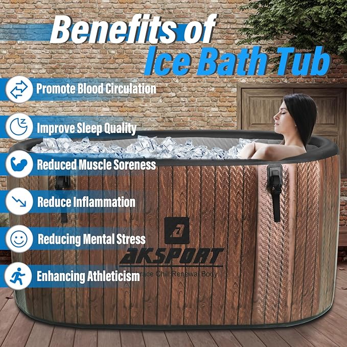 AKSPORT Ice Bath Tub for Athletes, 238 Gallons Inflatable Cold Plunge Tub Compatible with Water Chillers,Icebath for Recovery & Cold Water Therapy, Portable Bathtub for Indoor & Outdoor-Wood-StrideForce Fitness