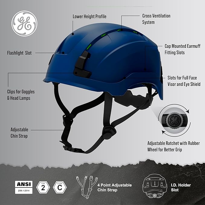GE Safety Helmet: ANSI Type 2 Class G & E, Advanced Impact Technology, Ultra Comfortable Memory Foam, Heat Stress Reduction, Compatible with Accessories, Adjustable Size OSHA Approved-StrideForce Fitness