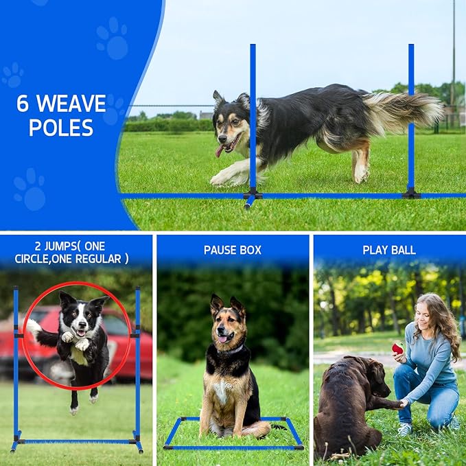 Dog Agility Course Backyard Set Dog Agility Equipment Obstacle Course Backyard Includes Adjustable High Hurdle,6 Weave Poles,Extended Tunnel,Jump Ring,Square Pause Box,2 Balls,Whistle,2 Carrying Bags-StrideForce Fitness