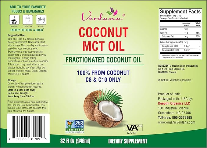Verdana Food Grade MCT Oil 32 oz – for Keto Coffee, Unflavored Natural Oil Pulling Mouthwash & Massage - 100% Coconut Derived Fractionated Oil – Medium Chain Triglycerides C8 C10 –Non-GMO, Kosher