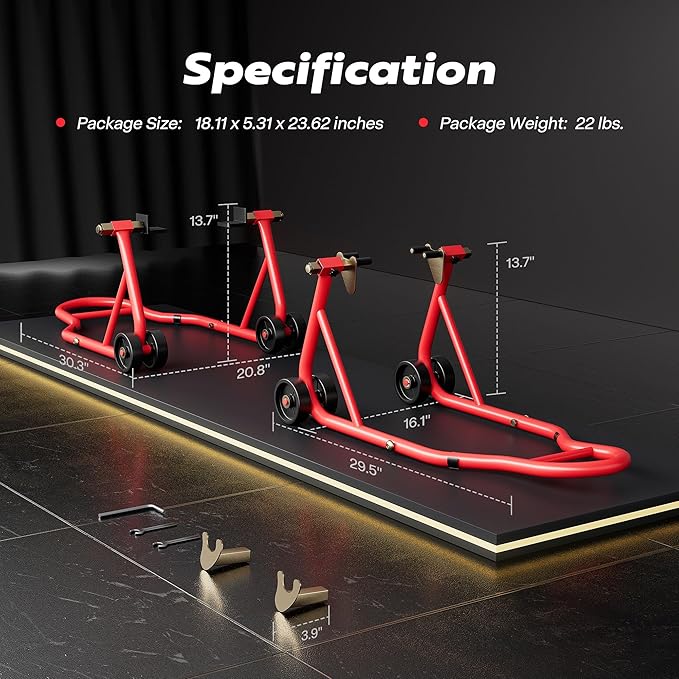 SPECSTAR Motorcycle Stands, 882 Lbs Capacity Front Rear Wheels Lift Combo with U+L Adjustable Swingarm Spool, Heavy Duty Paddock Stands for BMW Suzuki Yamaha Honda Kawasaki, Red-StrideForce Fitness