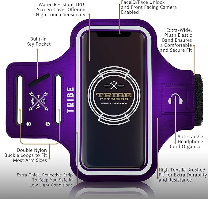 TRIBE Water Resistant Cell Phone Armband Case Running Holder for iPhone Pro Max Plus Mini SE (13/12/11/X/XS/XR/8/7/6/5) Galaxy S Ultra Plus Edge Note (21/20/10/9/8/7/6/5) Adjustable Strap & Key Pocket-StrideForce Fitness