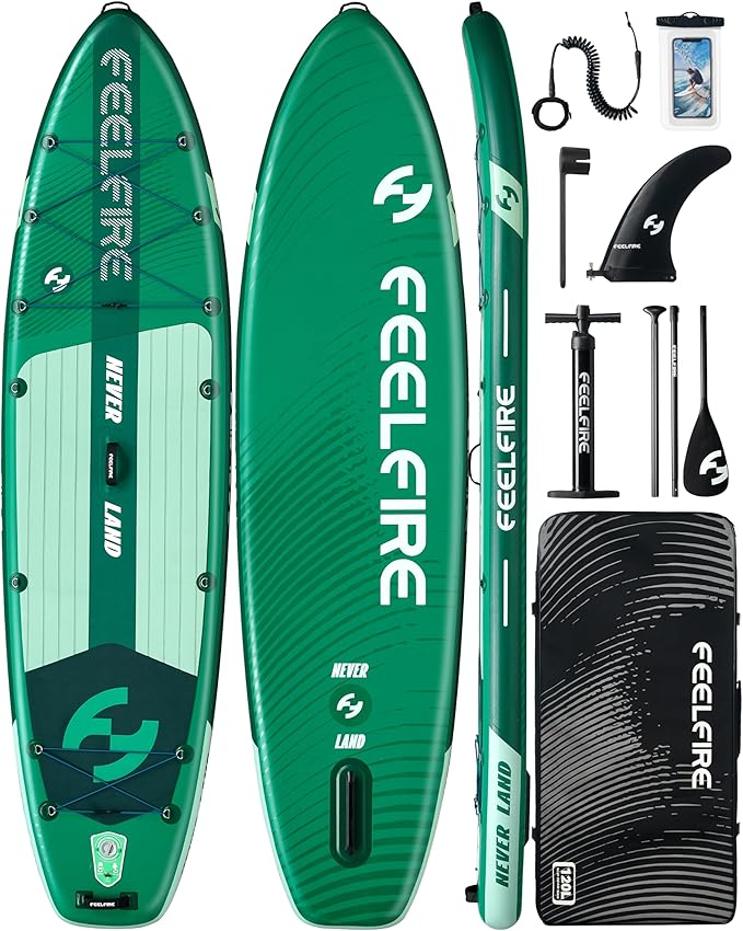 Feelfire11'x34” Extra Wide Inflatable Paddleboard, Stand-up Paddle Board for Adults, 420lb Capacity for Yoga/Fishing/Family, EVA Deck, US Fin, High-Pressure Pump, Storage Backpack, Safety Leash-StrideForce Fitness
