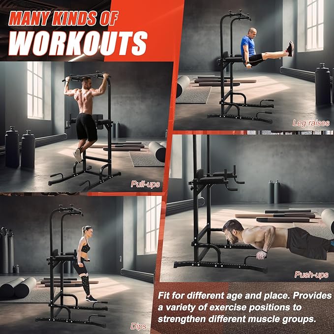 LSKSSNG Power Tower Dip Station Pull Up Bar for Home Office Gym, Multi-Function Workout Dip Station Power Tower for Full Body Strength Training Fitness Equipment, Pull Up Stand Holds Up to 440LBS-StrideForce Fitness