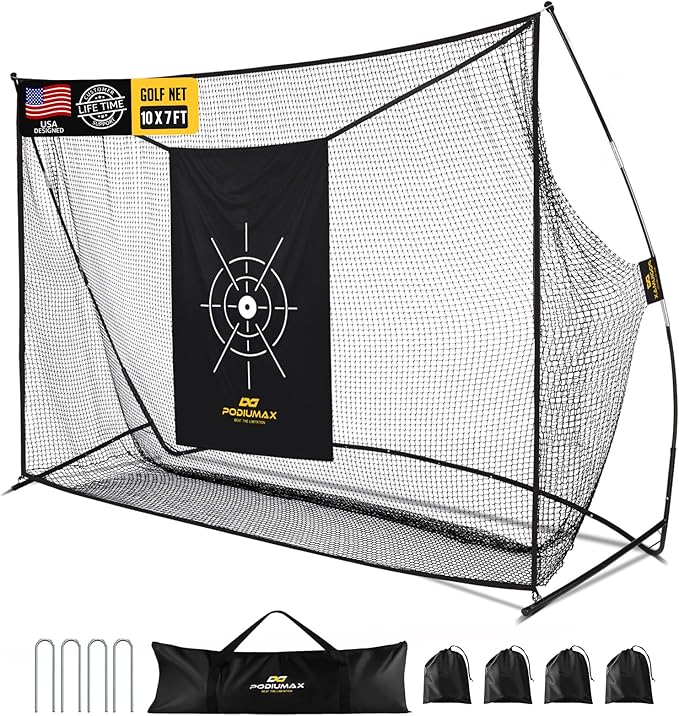 PodiuMax Golf Net, 10x7ft Golf Practice Net with Noise Reduce Silk Target Driving Real Balls, Hitting Nets for Backyard Garage, Improve Chipping Putting Pitching, Gift for Men & Golfers-StrideForce Fitness