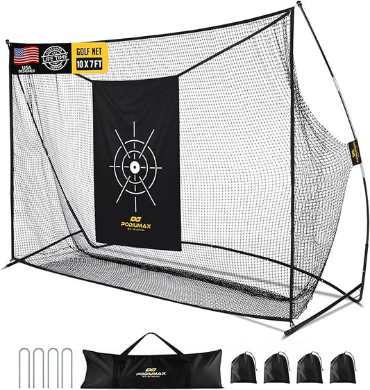 PodiuMax Golf Net, 10x7ft Golf Practice Net with Noise Reduce Silk Target Driving Real Balls, Hitting Nets for Backyard Garage, Improve Chipping Putting Pitching, Gift for Men & Golfers-StrideForce Fitness