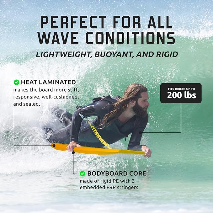 THURSO SURF 42'' Body Boards for Beach Pool Lightweight PE Core IXPE Deck HDPE Bottom FRP Stringers High Performance Body Board with Double Swivel Surf Leash and Bodyboard Bag Lightning-StrideForce Fitness