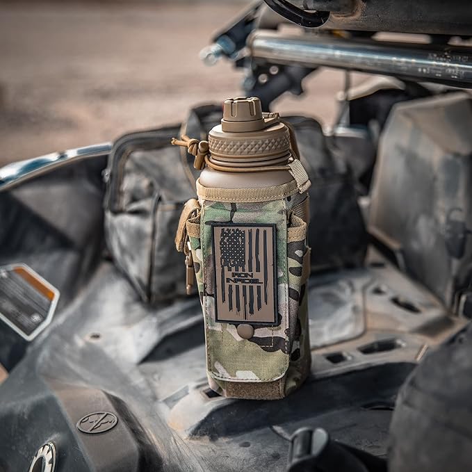 Iron Infidel Battle Bottle - 32 Oz Insulated Water Bottle with Straw Lid & Chug Cap, Stainless Steel Metal Tactical Flask With Rugged, Removable Sleeve for Keys & Phone or Wallet (OCP Camo 1 Liter)-StrideForce Fitness