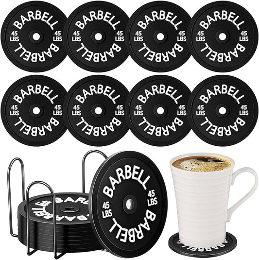 8 Pcs Barbell Bumper Plate Cool Coasters Round Silicone Coasters Weight Plate Coaster with Rack Holder for Gym Lovers Gym Accessories(Black)-StrideForce Fitness