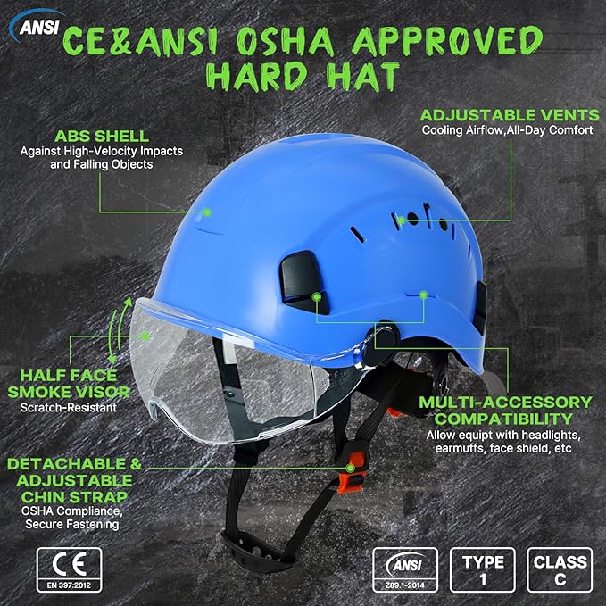 AOLAMEGS Construction Blue Hard Hats - Adjustable Vented Hard Hat with Visor for Men Women ABS Safety Helmet 6-Point Suspension Work Safety Helmet for Outdoor Height Industrial (with Clear Visor)-StrideForce Fitness