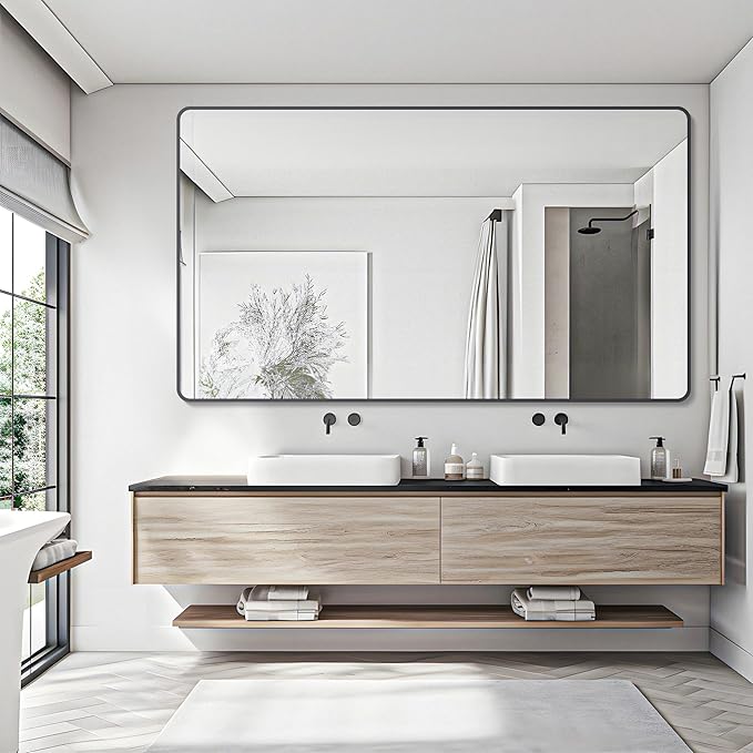 30" x 55"Bathroom Mirror, Matte Black Wall Mirror with Metal Frame, Decorative Rectangular Vanity Mirror for Bedroom Bathroom Living Room Entryway (Horizontal/Vertical)-StrideForce Fitness