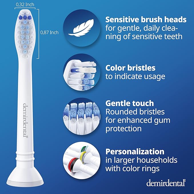 demirdental Toothbrush Heads Sensitive Compatible with Philips Sonicare Toothbrush Heads - Soft Replacement Heads for Sensitive Gums and Teeth - Gentle Brush Heads - White 8 Pack