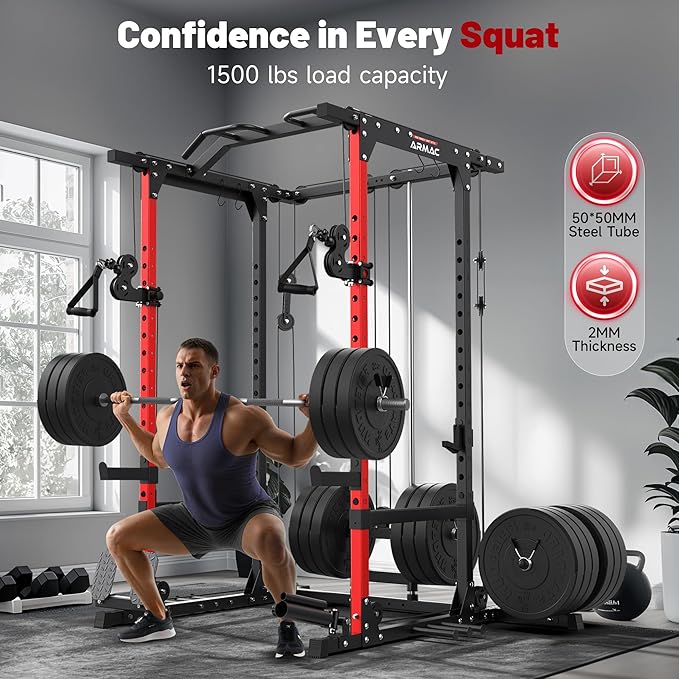 ARMAC Power Cage,1500lbs Multi-Function Power Rack with Adjustable Cable Crossover System and More Training Attachment, Weight Cage for Home Gym-StrideForce Fitness