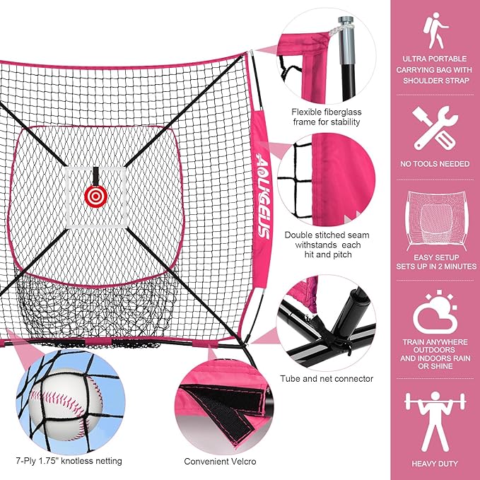 6'X6' Baseball Softball Practice Net,Pitching Net,Batting Net,with Bonus Strike Zone,Target and Bow Frame,for Hitting,Pitching,Catching-StrideForce Fitness