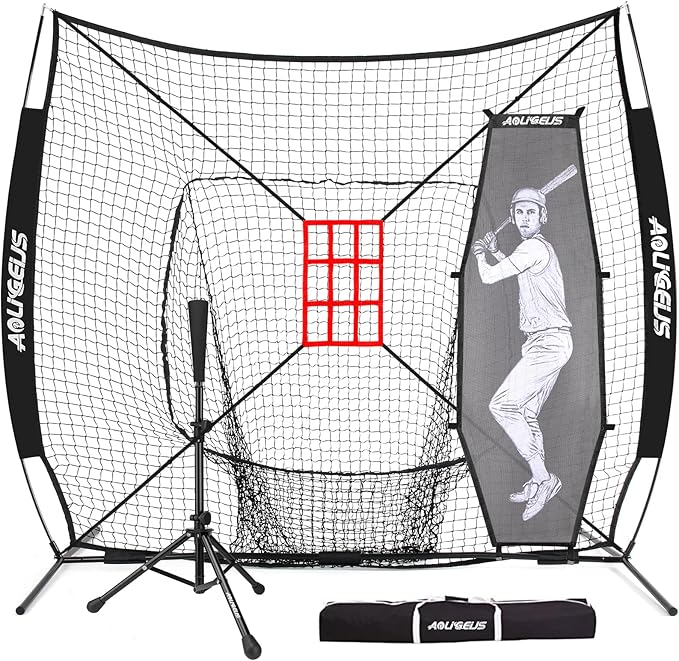 7'X7' Baseball Softball Practice Net,Pitching Net,Batting Net,with Baseball Tee,Bonus Strike Zone and Bow Frame,for Hitting,Pitching, Catching-StrideForce Fitness
