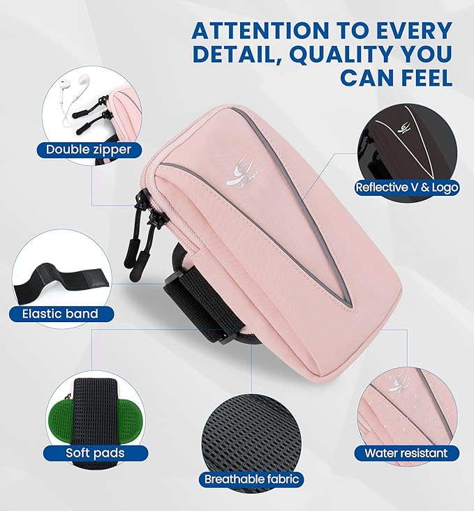 HiRui Cell Phone Holder Arm Bag & Wrist Bag for Phone, Sports Running Armband for Gym & Cycling, Compatible with iPhone 16/16Pro/Plus/15/14 Samsung Galaxy All Phones, Reflective & Adjustable (Pink)-StrideForce Fitness