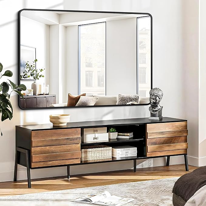 FORBATH Large Bathroom Mirror 48 x 36 Inches，Black Large Wall Mirror Aluminum Frame Wall Mounted Rounded Corner Morndern Mirror for Bathroom Bedroom Entryway Living Room-StrideForce Fitness