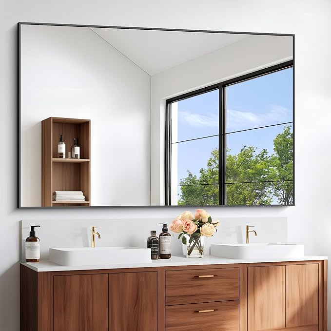 Black Bathroom Mirror for Wall, 60x36 Inch Rectangle Mirrors with Metal Frame, Modern Vanity Wall Mirror Decor for Entryway Hangs, Bathroom Living Room Horizontal or Vertical-StrideForce Fitness