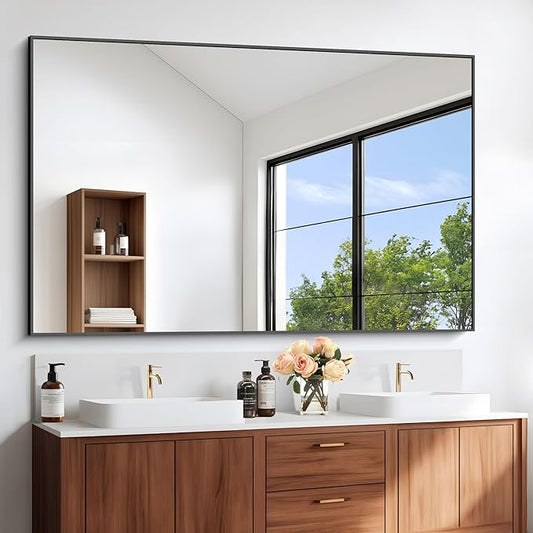 Black Bathroom Mirror for Wall, 60x36 Inch Rectangle Mirrors with Metal Frame, Modern Vanity Wall Mirror Decor for Entryway Hangs, Bathroom Living Room Horizontal or Vertical-StrideForce Fitness