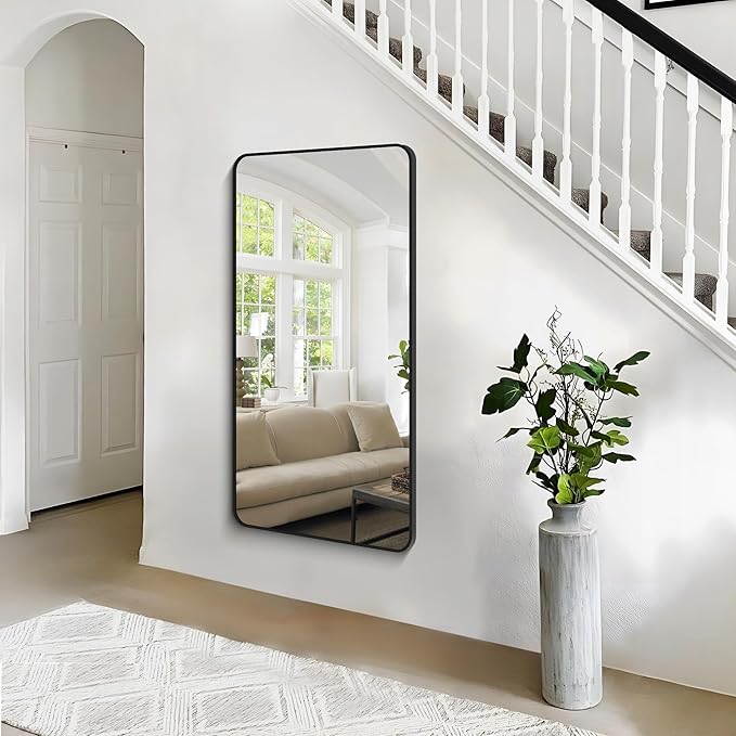 30x55 inch Bathroom Mirror,Black Rectangle Mirror,Wall Mounted Bathroom Frame Vanity Mirror with Round Corner for Bedroom Living Room, Entryway Hangs Horizontal or Vertical-StrideForce Fitness