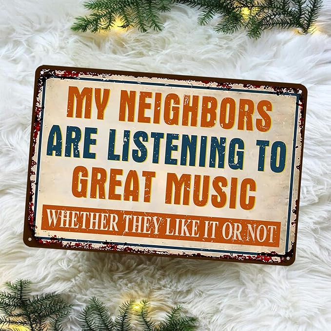 Man Cave Signs Garage Decor Vintage Music Wall Art for Game Room Patio Home Bar - Funny Garage Accessories for Men My Neighbors Are Listening To Great Music Metal Sign Gifts 8x12 Inch-StrideForce Fitness
