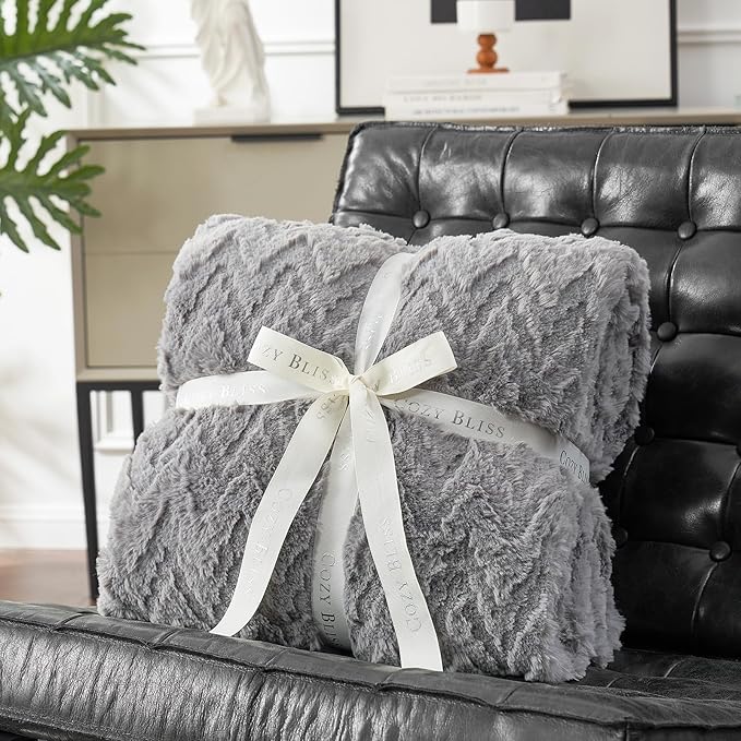 Cozy Bliss Faux Fur Throw Blanket for Couch - Soft Fuzzy Cozy Throw Gift Blankets for Women,Grey Boho Blanket for Sofa Bedroom Living Room.60 * 80 Inches-StrideForce Fitness
