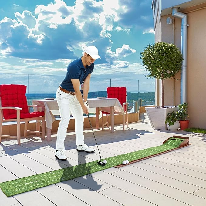 Tangkula 10 FT Golf Putting Green, 2/3-Hole Golf Putting Practice Mat with Auto Ball Return for Indoors & Outdoors, Alignment Guides & 3 Golf Balls, Mini Golf Game for Home and Office-StrideForce Fitness