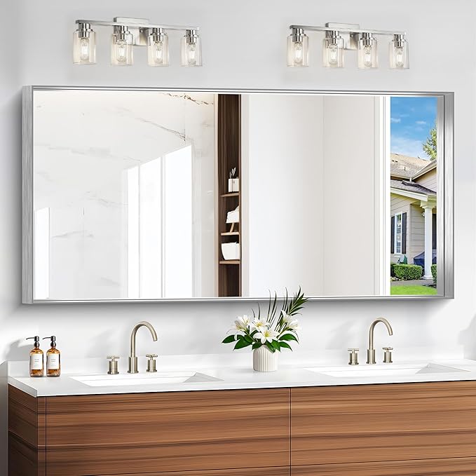 Silver Bathroom Mirror, 30x60 Inch Rectangular Deep Frame Mirror, Large Wall Mounted Bathroom Vanity Mirror Over Sink for Bedroom,Restroom, Living Room, Hangs Vertically or Horizontally-StrideForce Fitness