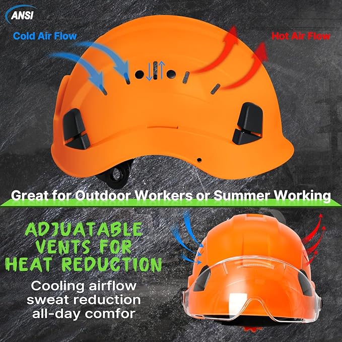 AOLAMEGS Construction Vented Hard Hats -Adjustable Vented Hard Hat with Visor for Men Women ABS Safety Helmet 6-Point Suspension Work Hardhats for Outdoor Height Industrial (Orange Clear Visor)-StrideForce Fitness