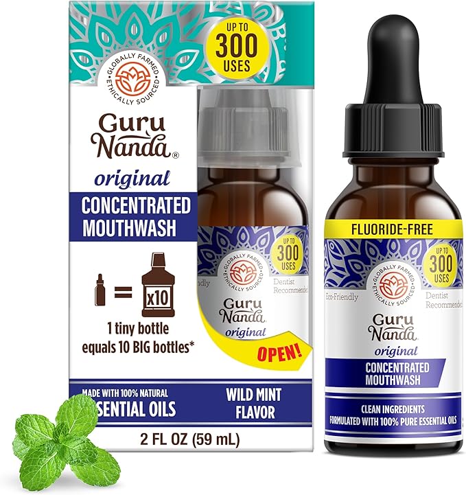 GuruNanda Concentrated Mouthwash (2 fl oz), Fluoride-Free, Mint Mouthwash with Natural Essential Oils, Supports 300 Rinses, Aids in Fresh Breath