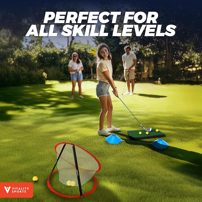Vitality Sports Golf Chipping Net, 3PCS Pop-Up Golf Practice Net for Backyard, Indoor Outdoor Chipping Game with 3 Targets, 1 Hitting Mat, 20 Balls, Tee Box, Golf Gift for Men-StrideForce Fitness