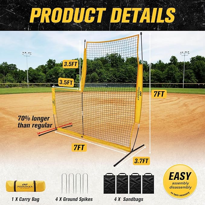 PodiuMax Baseball Softball Pitching Screen, 7x7FT Pitcher Protection Net with Upgrade Frame, Baseball Batting Pitching Net for Backyard Field Outdoor, Line Drive Protective L-Screen with Carry Bag-StrideForce Fitness