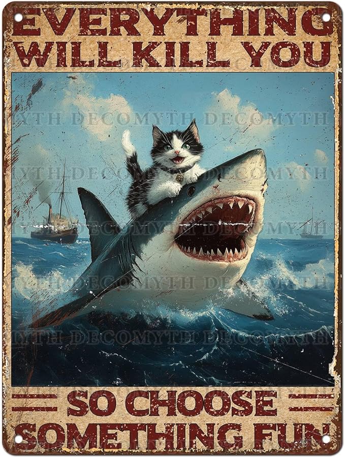 Vintage Cat Tin Sign Everything Will Kill You So Choose Something Fun Retro Shark Metal Poster Funny Cat Lovers Wall Art Decorations for Home Shop Bar Hotel Indoor Outdoor 12 * 16inch-StrideForce Fitness