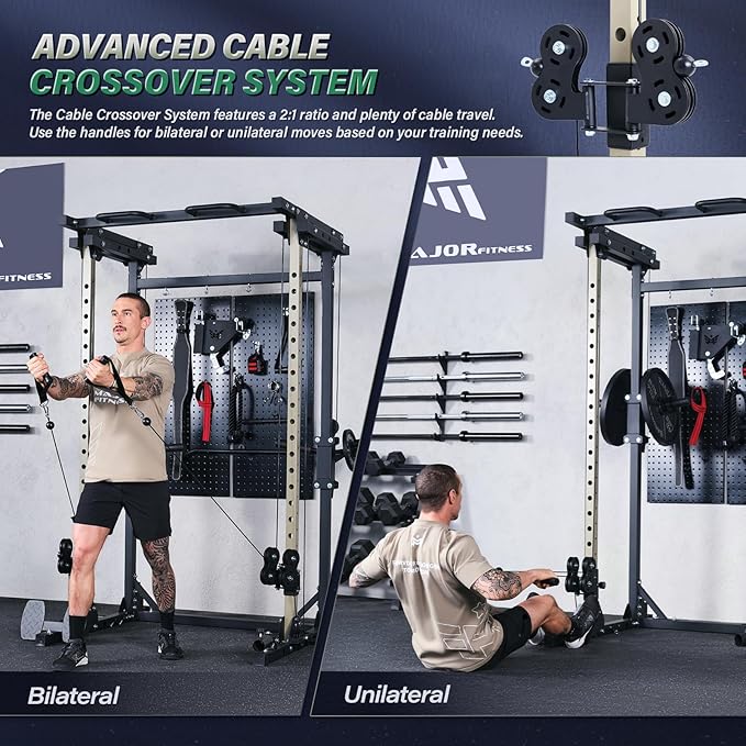MAJOR FITNESS Drone3 Power Rack, Multi-Function Home Gym Squat Rack with Pull-Up Bar, Cable Crossover & J-Hooks, Heavy-Duty Steel Frame for Maximum Stability & Strength Training-StrideForce Fitness