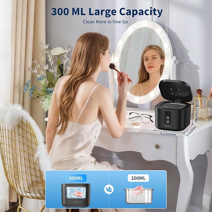 Ultrasonic Retainer Cleaner Machine, 48KHz Dental Cleaning Pod for Denture, Mouth Guard, Aligner, Night Guard, Braces, Toothbrush Heads, Jewelry with Digital Timer & 6 Modes, 13oz Capacity, Black