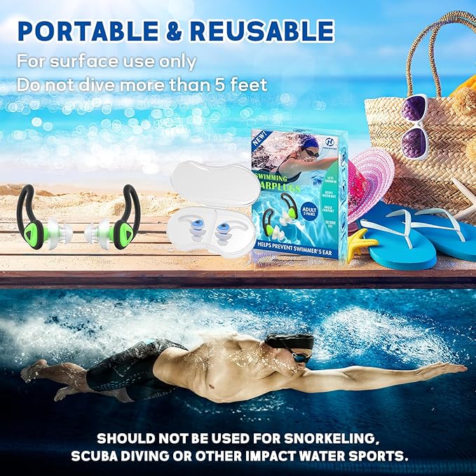 Hearprotek Swimmer Ear Plugs, [2 Pairs] Custom-fit Water Protection Adult Swimming earplugs for Swimmers Pool Shower Bathing and Other Water Sports(Blue&Green)-StrideForce Fitness
