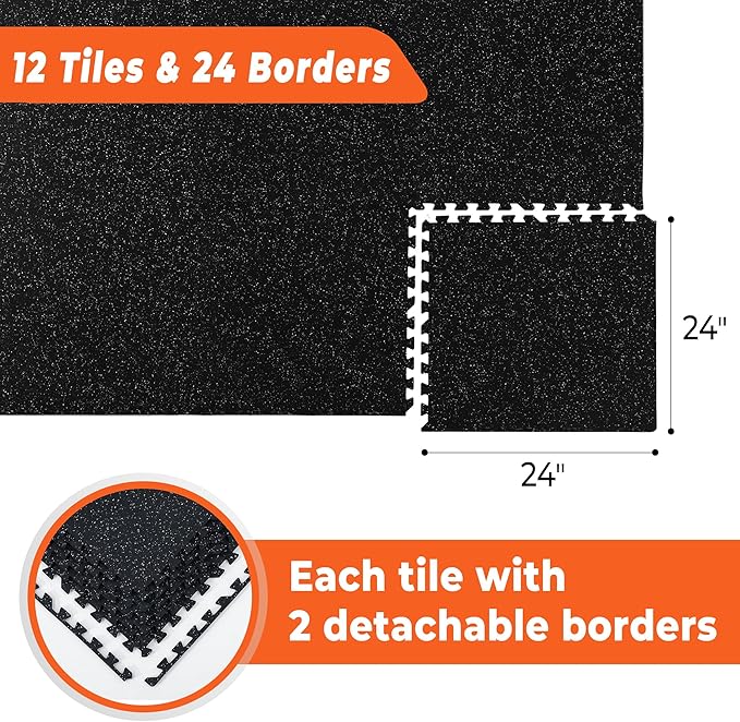 SUPERJARE 0.4'' Thick 12 Pcs 48 Sq Ft Rubber Top Exercise Equipment Mats, High Density EVA Foam Mats with Rubber Top, Interlocking Gym Flooring for Home Gym, Protective Workout Mat, Black/Grey-StrideForce Fitness