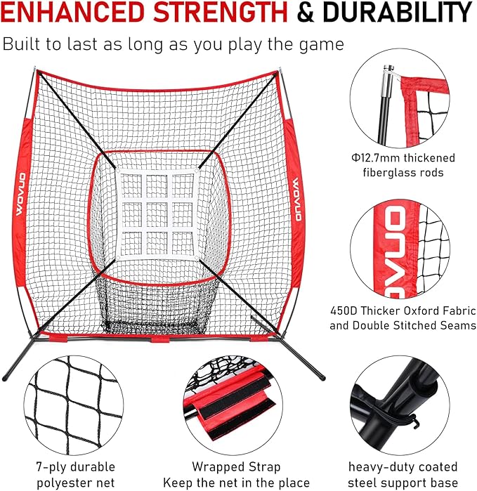 7x7 ft Baseball Net for Batting Pitching Hitting, Softball Pitching Net with Strike Zone, Tee, Ball Caddy, Softball Batting Net Baseball Training Equipment for Kids Adult Youth Sport Practice-StrideForce Fitness