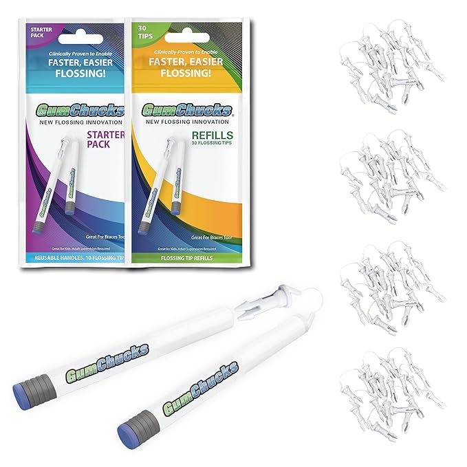GumChucks Orthodontic Flossers Dental Floss - Floss for Braces - Brace Floss Picks - Gum Flossing Picks - Ortho Dental Flossers (Adult Starter Pack Bundle)