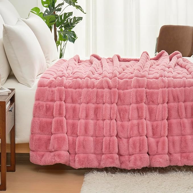 Cozy Bliss Faux Fur Throw Blanket for Couch, Cozy Warm Plush Striped Blanket for Sofa Bedroom Living Room, Pink-StrideForce Fitness