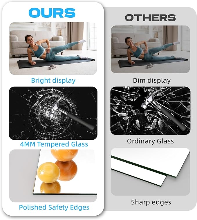 Hasipu 3Pcs 55''x20'' Home Gym Mirror Large Full Length Wall Mounted Full Body Mirror for Yoga Dance Fitness Exercise Studio Bedroom Garage, Frameless Tempered Glass Workout Mirrors Walnut Rectangular-StrideForce Fitness