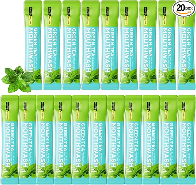 Mini Mouthwash Travel Size,Green Tea Flavor Portable Individual Travel Mouth Wash for Fresh Breath, Refreshing Long Lasting Gentle Oral Care Mouthwash Packs(Pack of 20)