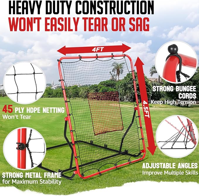 Baseball Rebounder Net, 3/5 Adjustable Angles 4x4.5FT Pitch Back Baseball Softball Volleyball Rebounder with 2 Strike Zones, UV Resistant, Pitchback Trainer for Ground, Line Drive & Fly Balls-StrideForce Fitness